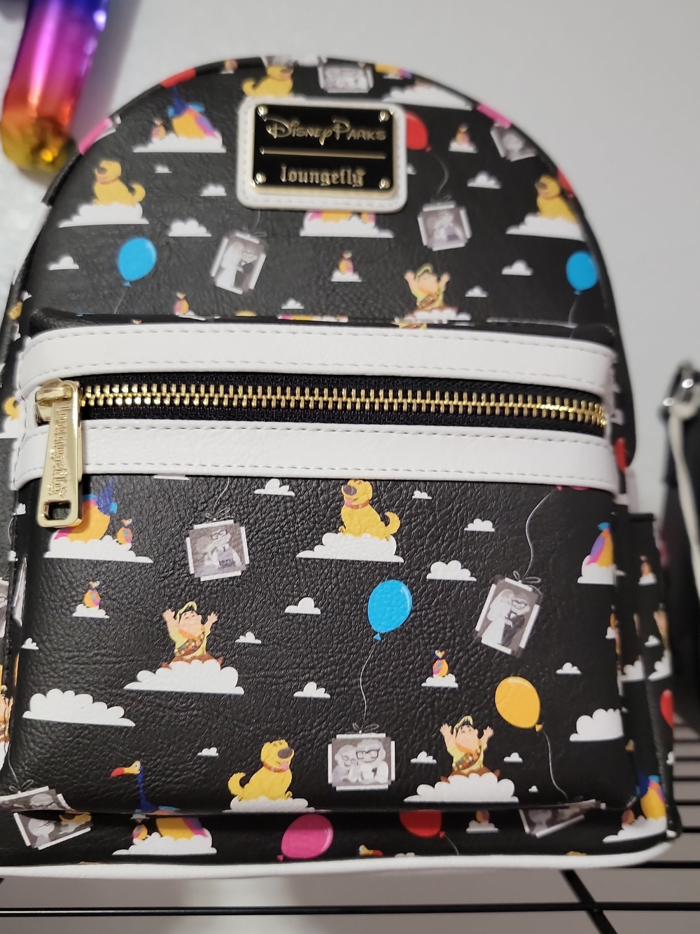 Disney Black Mini Backpack with Colorful Balloons & Puppy Print
